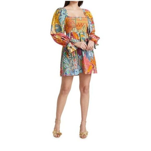 Farm Rio Womens Summer Tapestry Mini Dress XS Blouson sleeves Multicolor Smocked - Picture 1 of 7